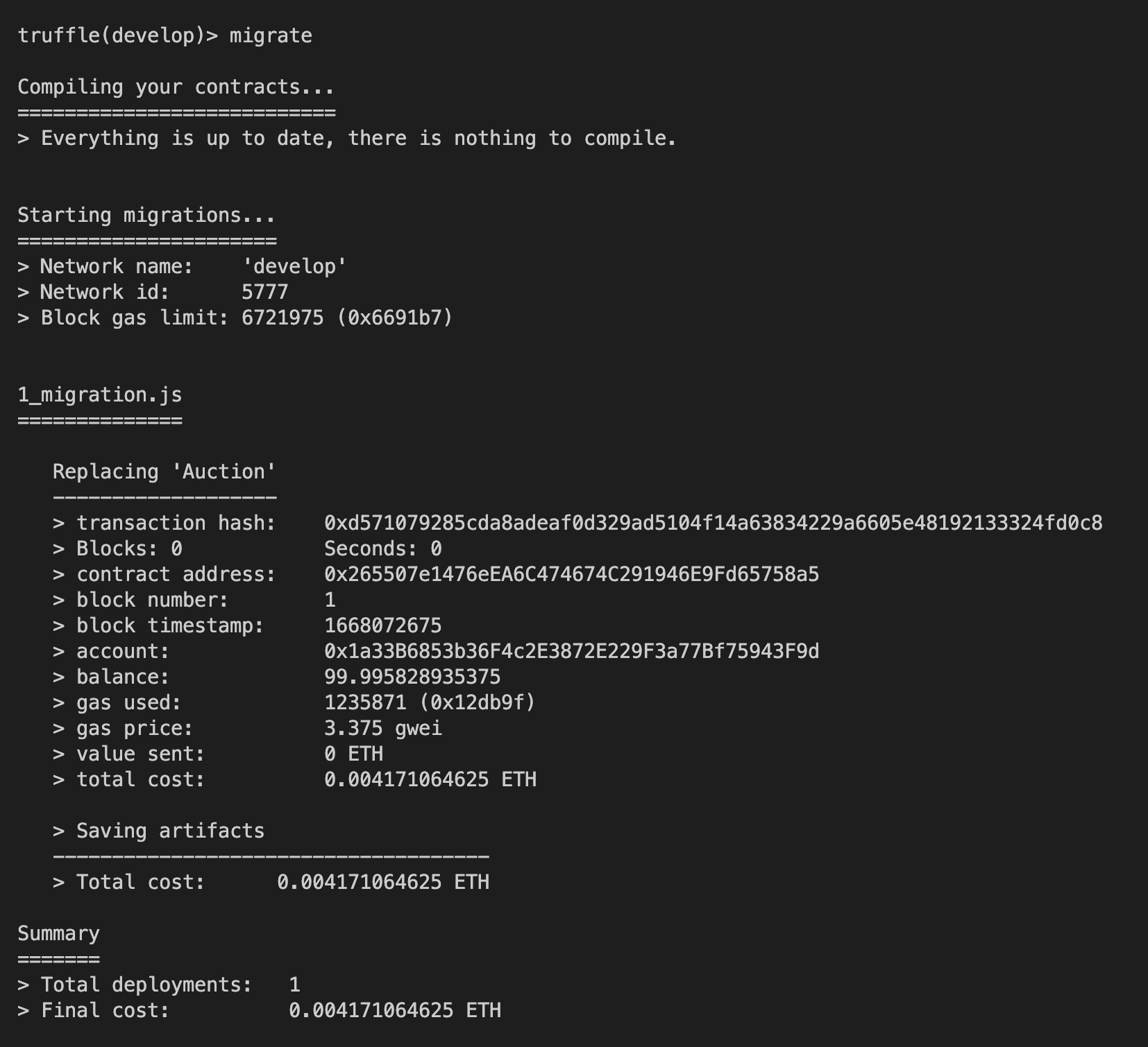 Image of the output from Truffle migrate command
