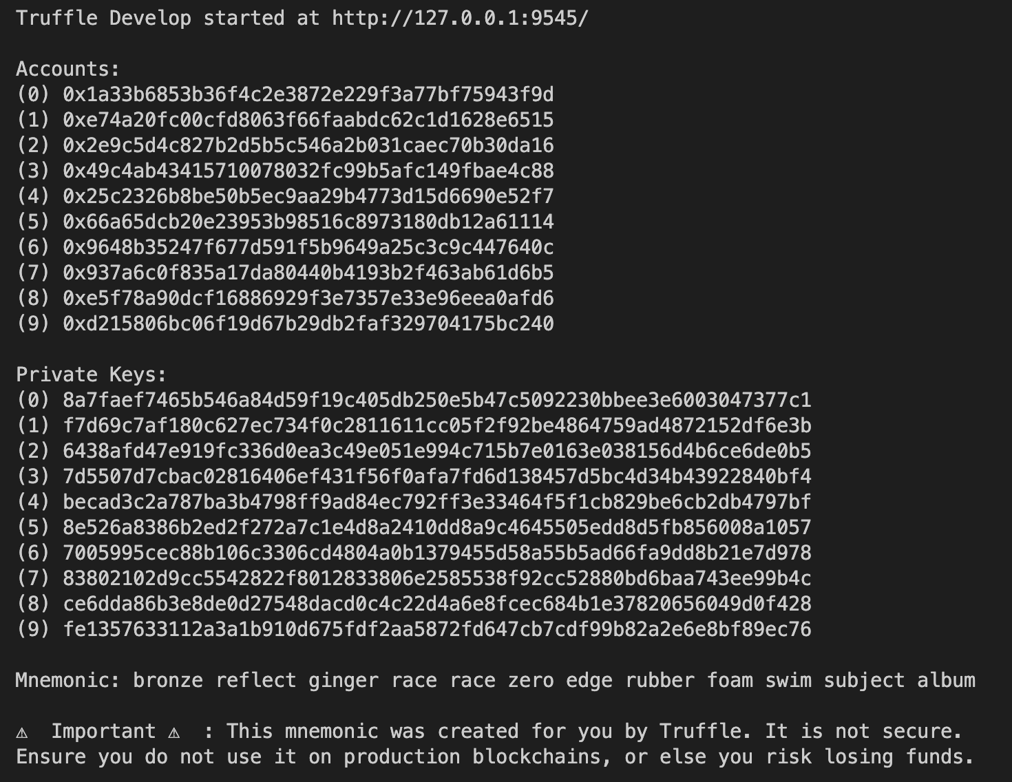 Image of the output from Truffle develop command