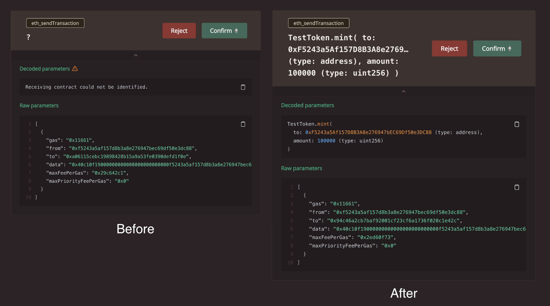 Image of Truffle dashboard before and after adding transaction decoding