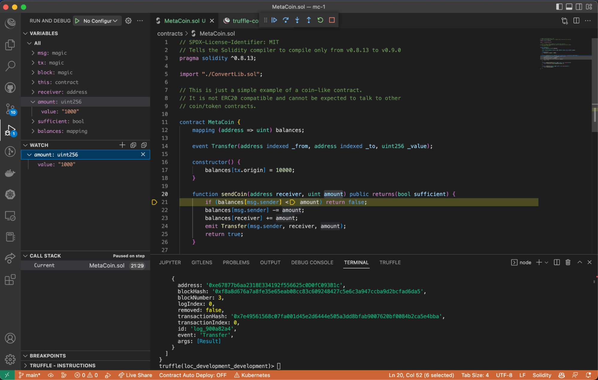 Image of Truffle debugger in Truffle for VS Code extension