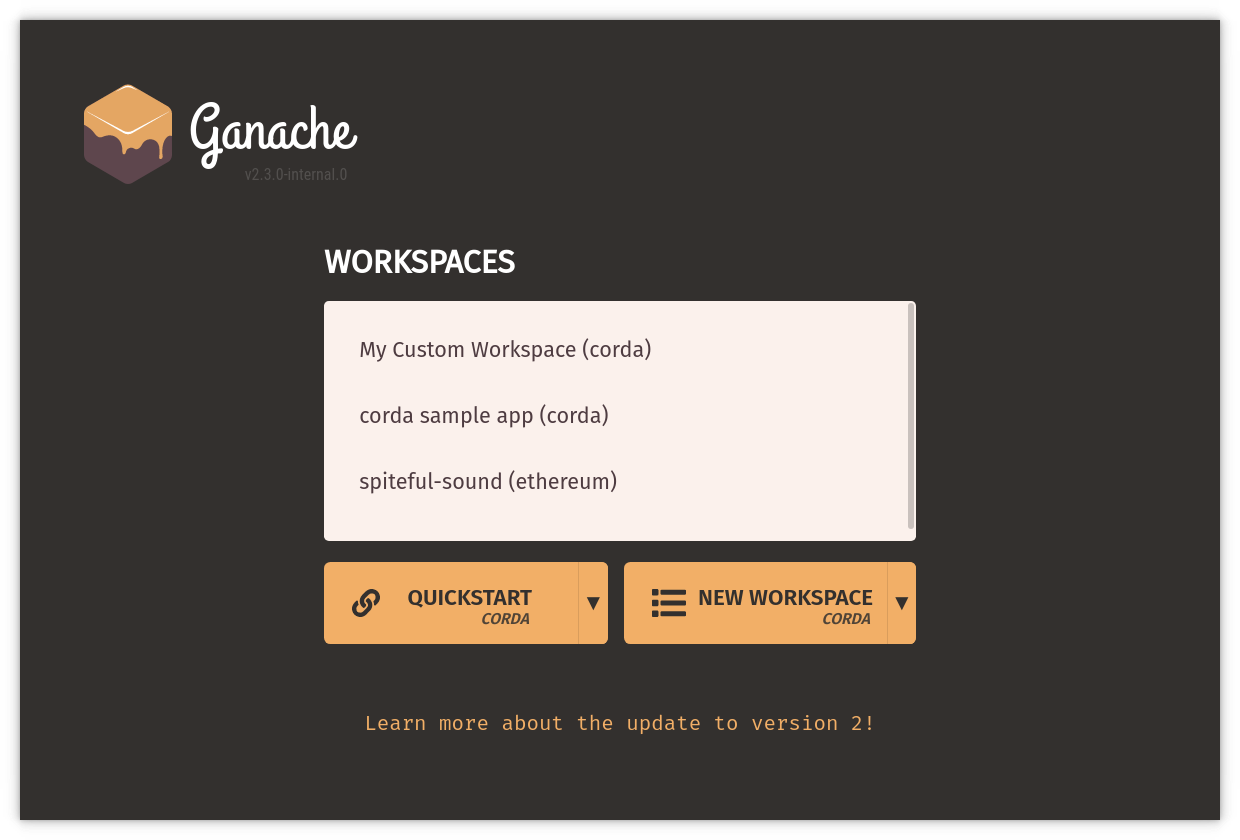Corda Flavored Ganache startup screen